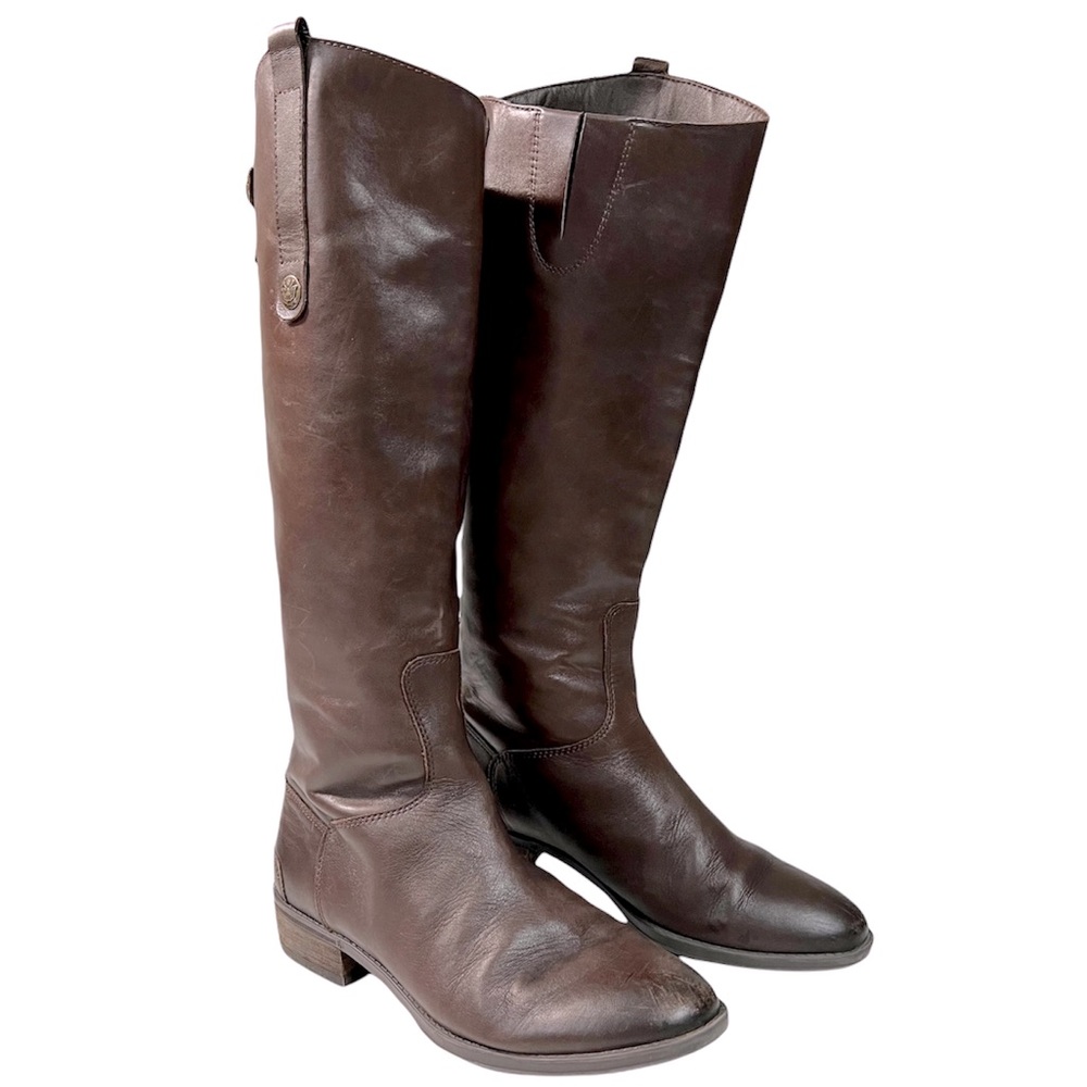 SAM EDELMAN Knee High Boots Penny Brown Leather Tall Zip-Back Riding Sz …